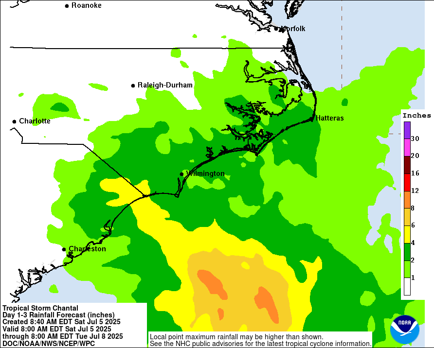 tropical storm chantal rainfall forecast july 5-8 2025