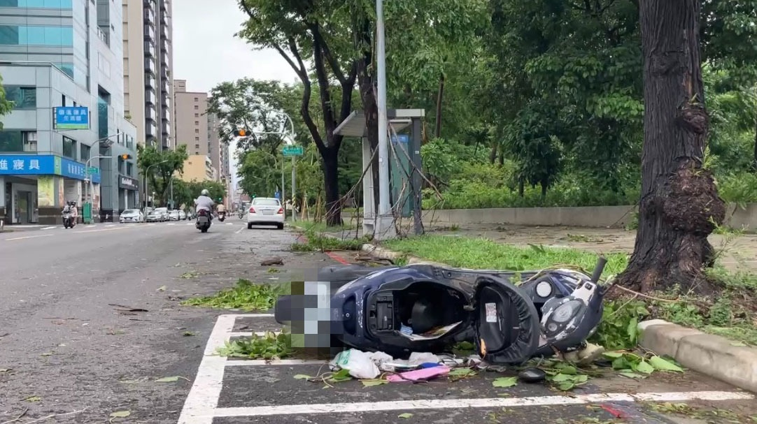 A scooter that was flung around and destroyed by the strong winds associated to Typhoon Danas on July 6, 2025. Credit: CNA Taiwan
