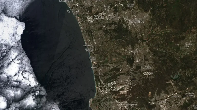 Satellite image showing the coastline of Southern California from San Diego to Ocean Side, captured on April 24, 2025