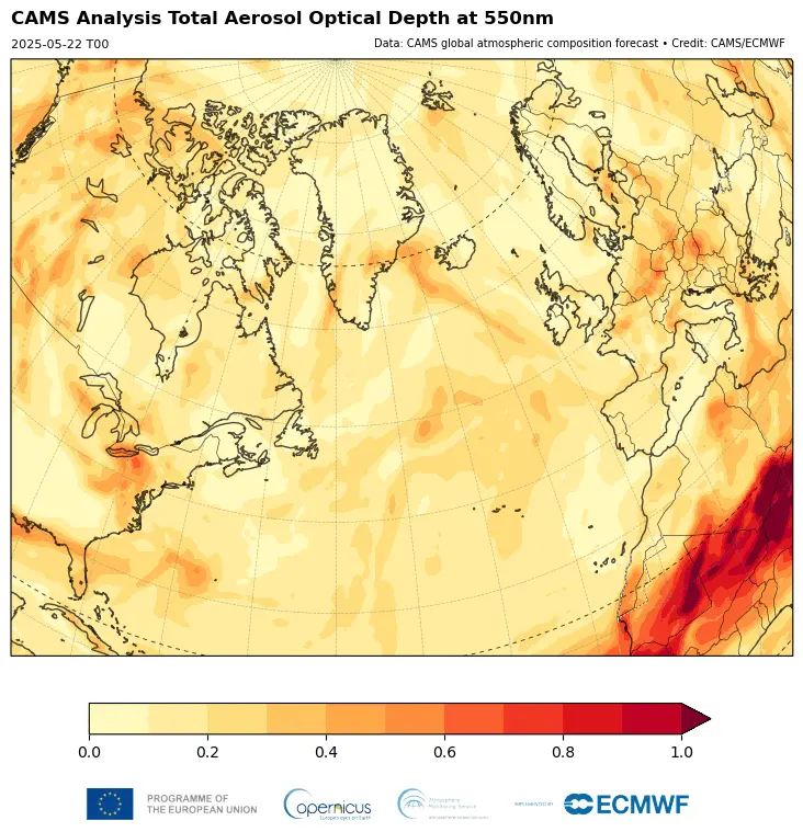 Animation of CAMS total aerosol optical depth analyses over eastern Eurasia valid for 00 UTC from 1 to 31 May.  Credit: CAMS