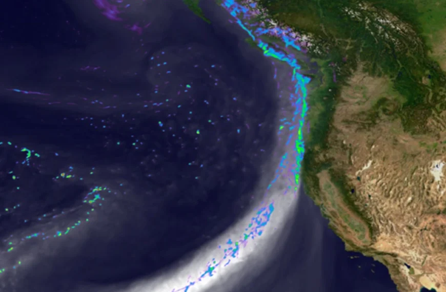 Snapshot of the simulated landfall of an atmospheric river along the west coast of North America on February 11, 2020. Credit: DOE Office of Science, Energy Exascale Earth System Model (E3SM) project.