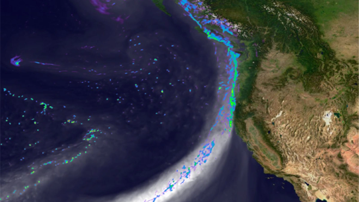 Snapshot of the simulated landfall of an atmospheric river along the west coast of North America on February 11, 2020. Credit: DOE Office of Science, Energy Exascale Earth System Model (E3SM) project.