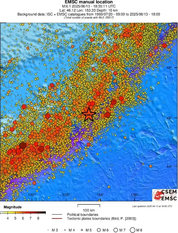 epicenter of m6.1 earthquake kuril island june 13 2025 emsc rs