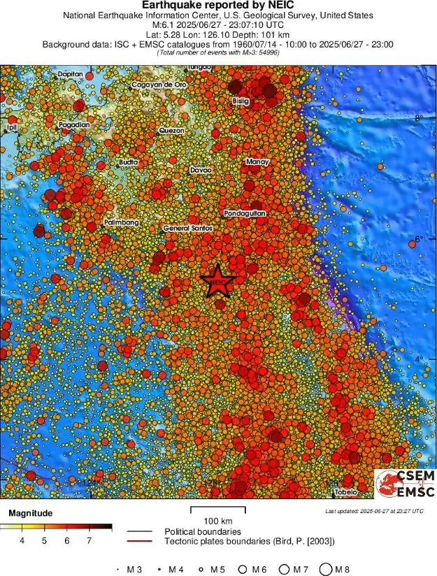 epicenter of m6.1 earthquake philippines on june 27 2025 emsc regional seismicity