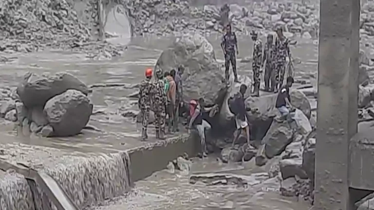Flooding and landslide along Nepal-China Border destroys the Miteri bridge on July 8, 2025. Credit: NDRRMA