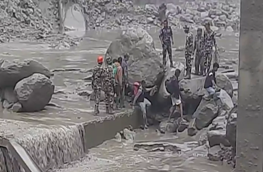 Flooding and landslide along Nepal-China Border destroys the Miteri bridge on July 8, 2025. Credit: NDRRMA