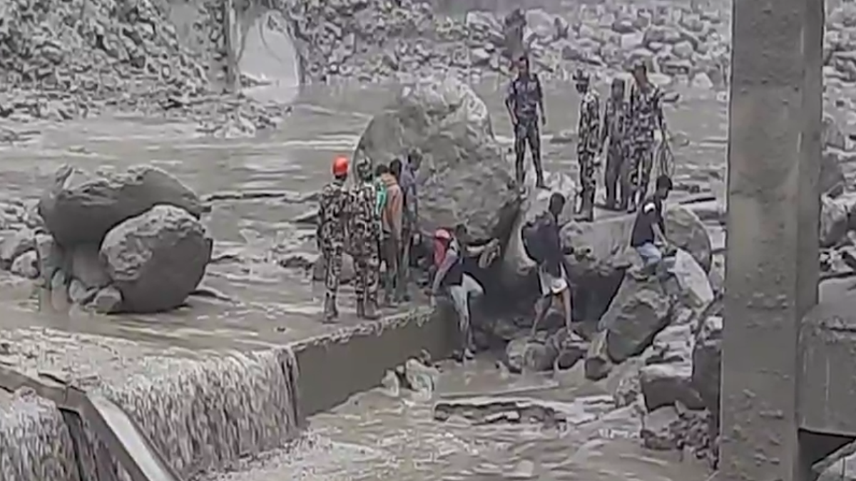 Flooding and landslide along Nepal-China Border destroys the Miteri bridge on July 8, 2025. Credit: NDRRMA