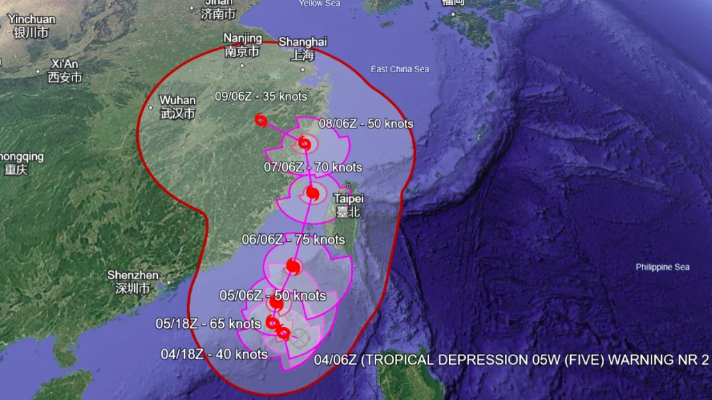 Forecast track for Tropical Depression Bising as of 09:00 UTC on July 4, 2025. Credit: JTWC