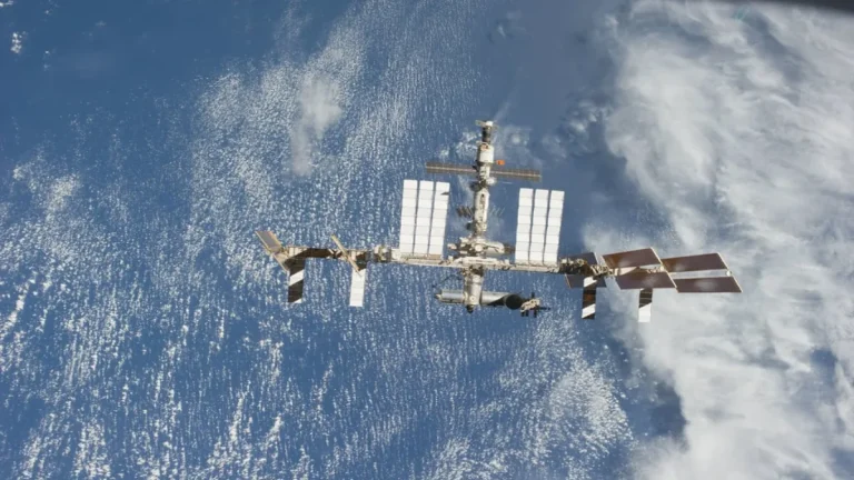 View of the zenith side of the International Space Station (ISS) taken from Atlantis after undocking on STS-135.