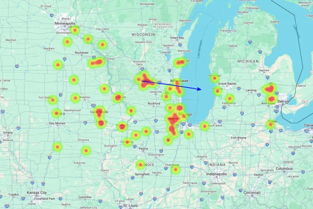 iowa fireball trajectory january 2025 heatmap
