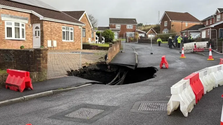 Large sinkhole opens up in South Wales after Storm Bert, UK