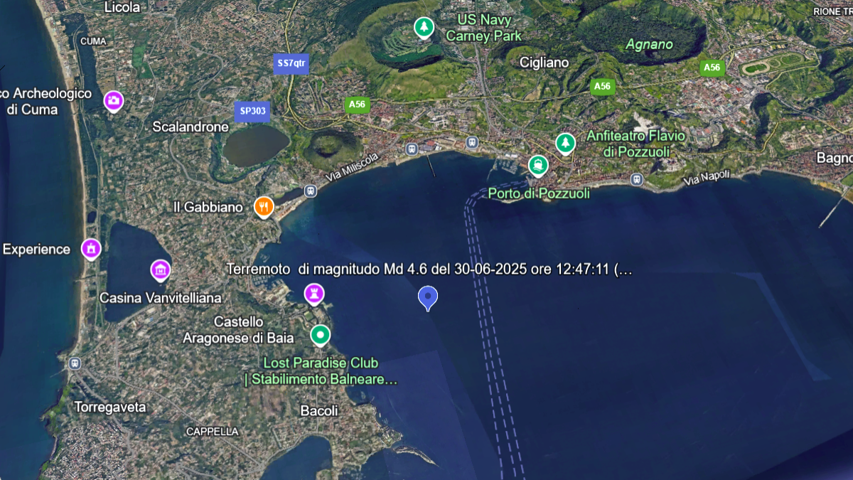M4.6 quake at Campi Flergei, Italy on June 30, 2025. Credit; INGV, Google Earth, The Watchers