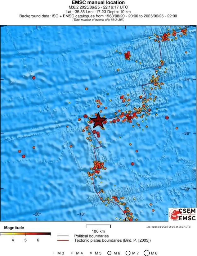 m6.2 earthquake south atlantic ocean june 25 2025 emsc regional seismicity