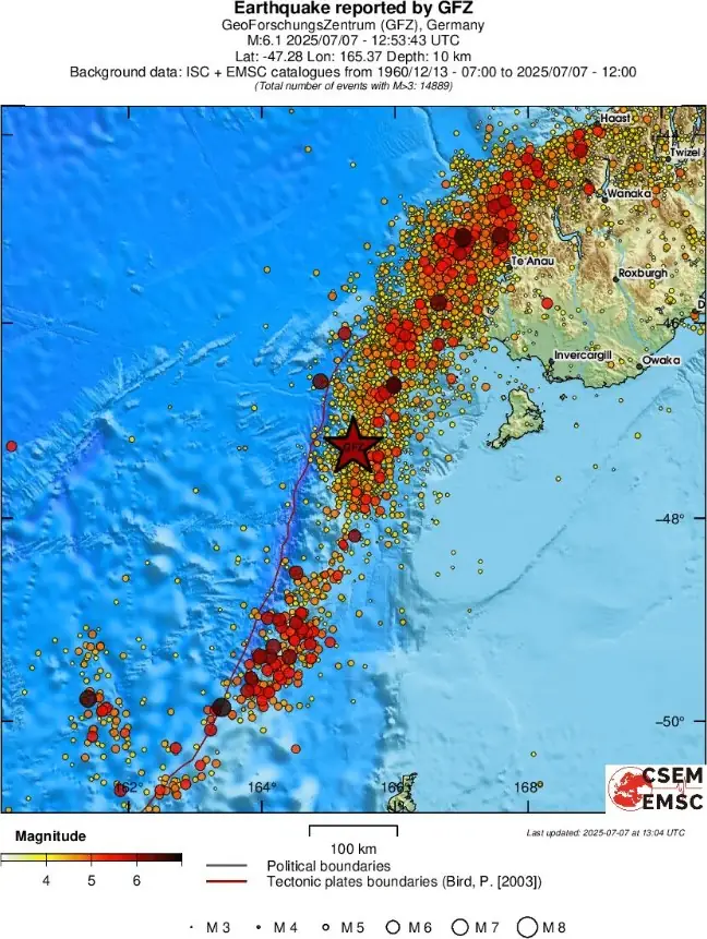 m6.3 earthquake south island new zealand july 7 2025 emsc regional seismicity