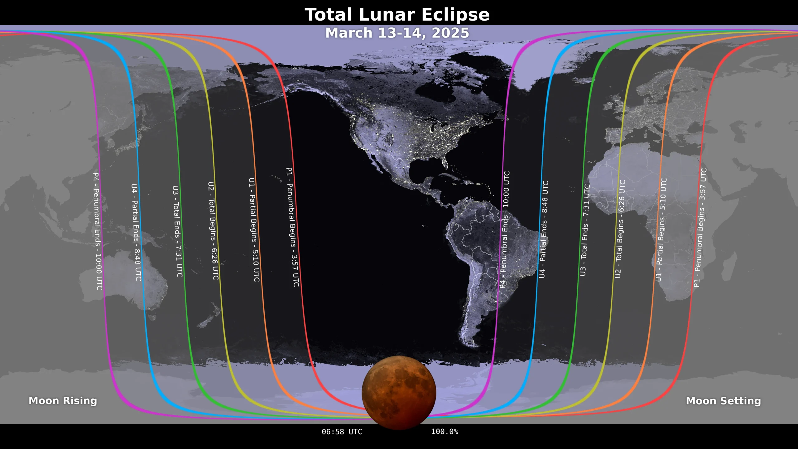 Map showing where the March 13-14, 2025 lunar eclipse is visible
