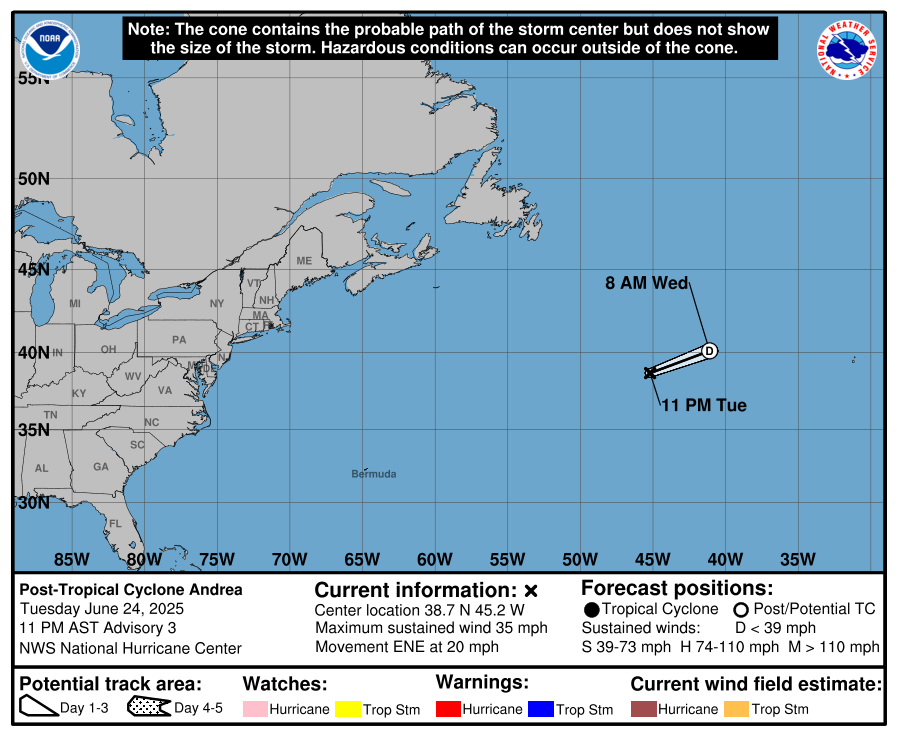 Post Tropical Cyclone Andrea Forecast Track as of June 11, 2025Post Tropical Cyclone Andrea Forecast Track as of June 11, 2025