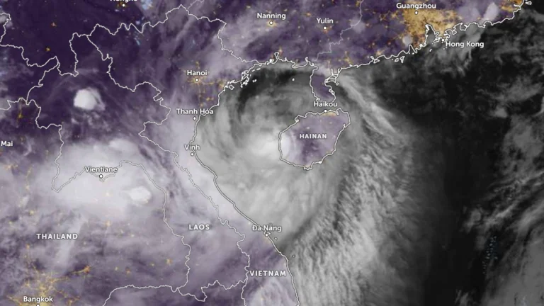 Satellite image of Severe Tropical Storm Wutip making landfall over Hainan. Credit Himawari-9, Zoom Earth, The Watchers. Acquired at 15:00 UTC on June 13, 2025
