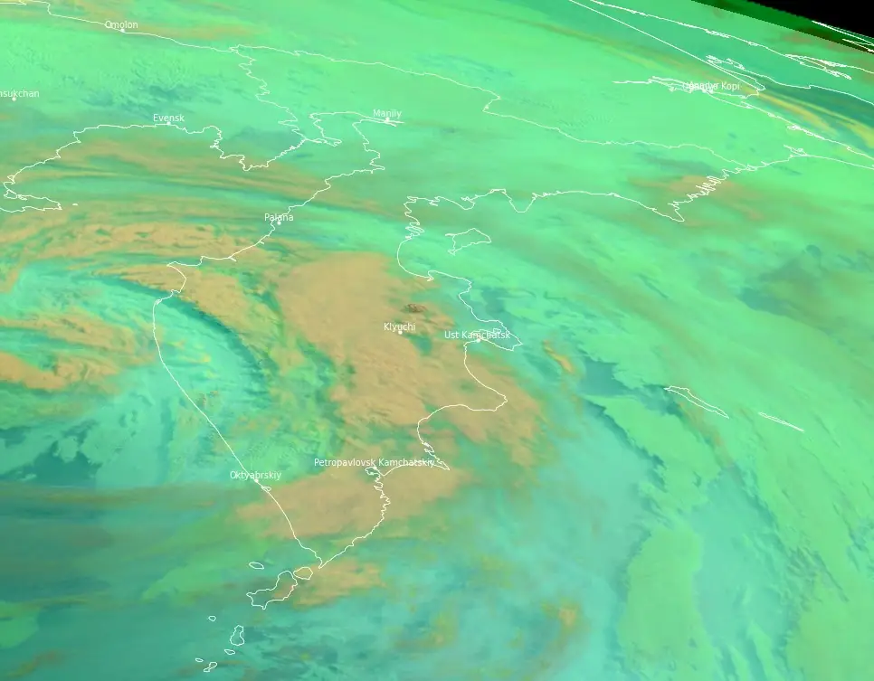 satellite image of so2 produced by sheveluch volcano eruption at 1900 utc on may 16 2025