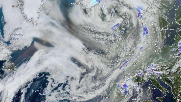 Satellite image of the smoke from Canadian Wildfires mixing with severe weather system near Europe. Credit: Eumesat/Meteosat-9, Zoom Earth, The Watchers. Acquired at 16:40 UTC on June 3, 2025