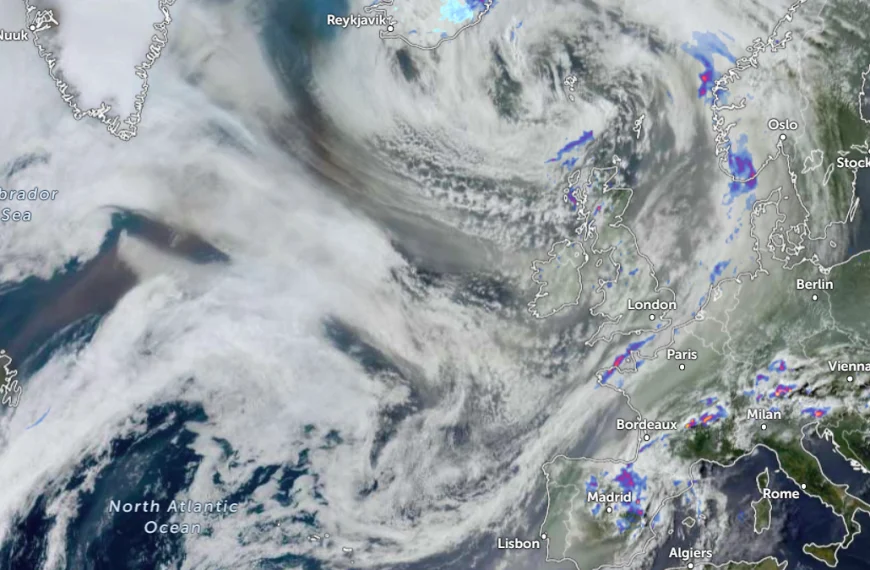 Satellite image of the smoke from Canadian Wildfires mixing with severe weather system near Europe. Credit: Eumesat/Meteosat-9, Zoom Earth, The Watchers. Acquired at 16:40 UTC on June 3, 2025