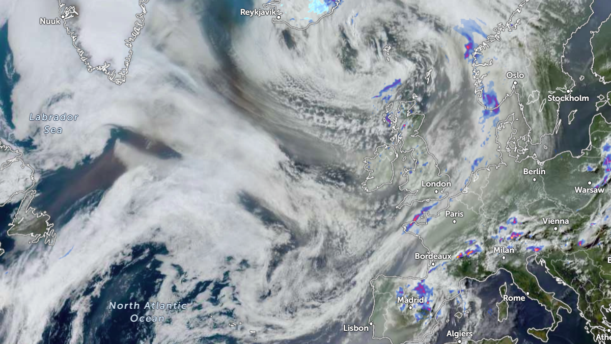 Satellite image of the smoke from Canadian Wildfires mixing with severe weather system near Europe. Credit: Eumesat/Meteosat-9, Zoom Earth, The Watchers. Acquired at 16:40 UTC on June 3, 2025