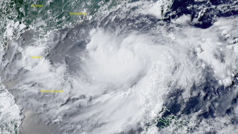 Satellite image of tropical Depression Bising. Credit Himawari-9, RAMMB CIRA, The Watchers. Acquired at 0750 UTC on July 4, 2025.