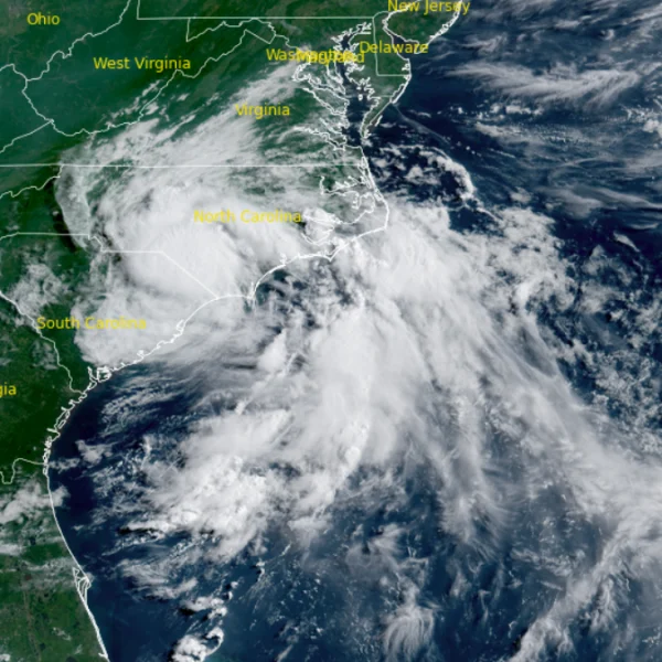 Satellite image of Tropical Storm Chantal. Credit: GOES-19, RAMMB/CIRA, The Watchers. Acquired at 13:00 UTC on July 6, 2025.