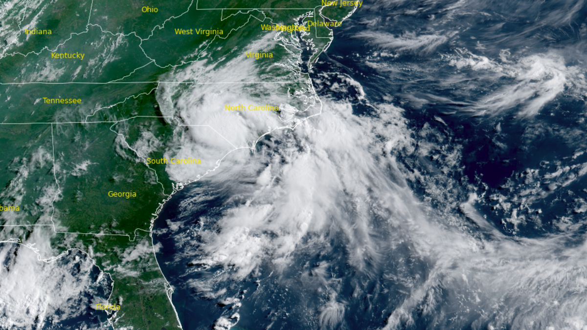 Satellite image of Tropical Storm Chantal. Credit: GOES-19, RAMMB/CIRA, The Watchers. Acquired at 13:00 UTC on July 6, 2025.