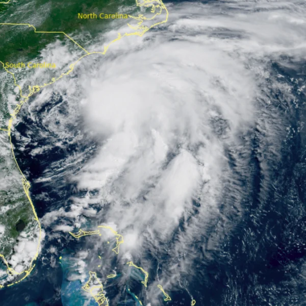 Satellite image of Tropical Storm Chantal. Credit: GOES-19, RAAMB/CIRA, The Watchers. Acquired at 15:20 UTC on July 5, 2025.