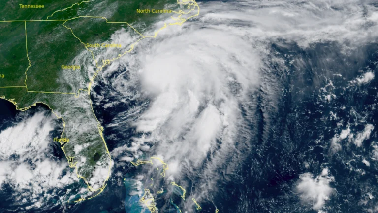 Satellite image of Tropical Storm Chantal. Credit: GOES-19, RAAMB/CIRA, The Watchers. Acquired at 15:20 UTC on July 5, 2025.
