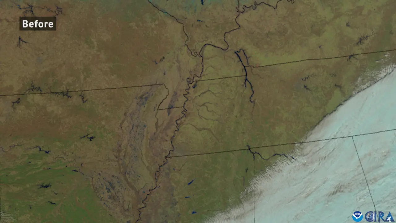 Satellite image reveal devastating floods in the Mississippi Valley on February 17, 2025