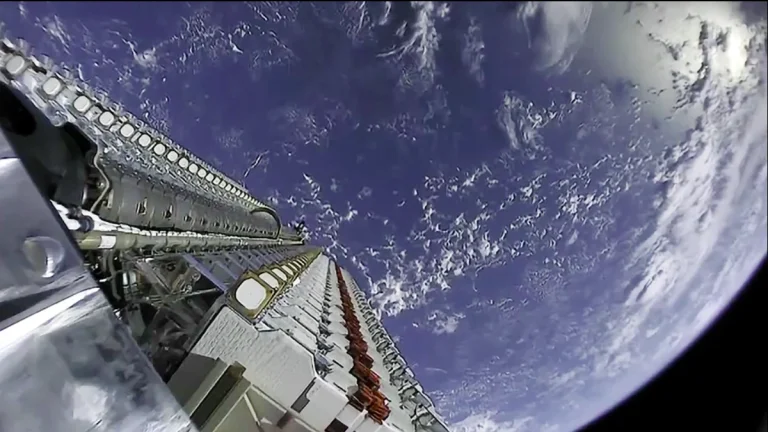 60 Starlink satellites stacked together before deployment on May 24, 2019.