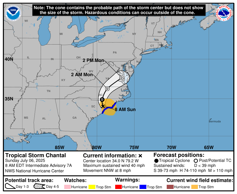Tropical Storm Chantal forecast track on July 6, 2025. Credit: NHC