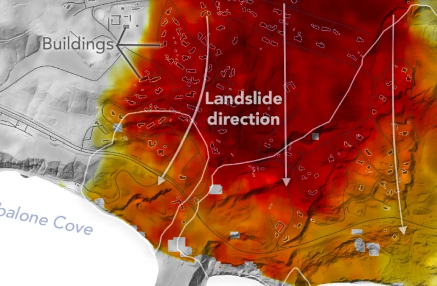 NASA’s UAVSAR airborne radar instrument captured data in fall 2024 showing the motion of landslides on the Palos Verdes Peninsula following record-breaking rainfall in Southern California in 2023 and another heavy-precipitation winter in 2024. Darker red indicates faster motion.