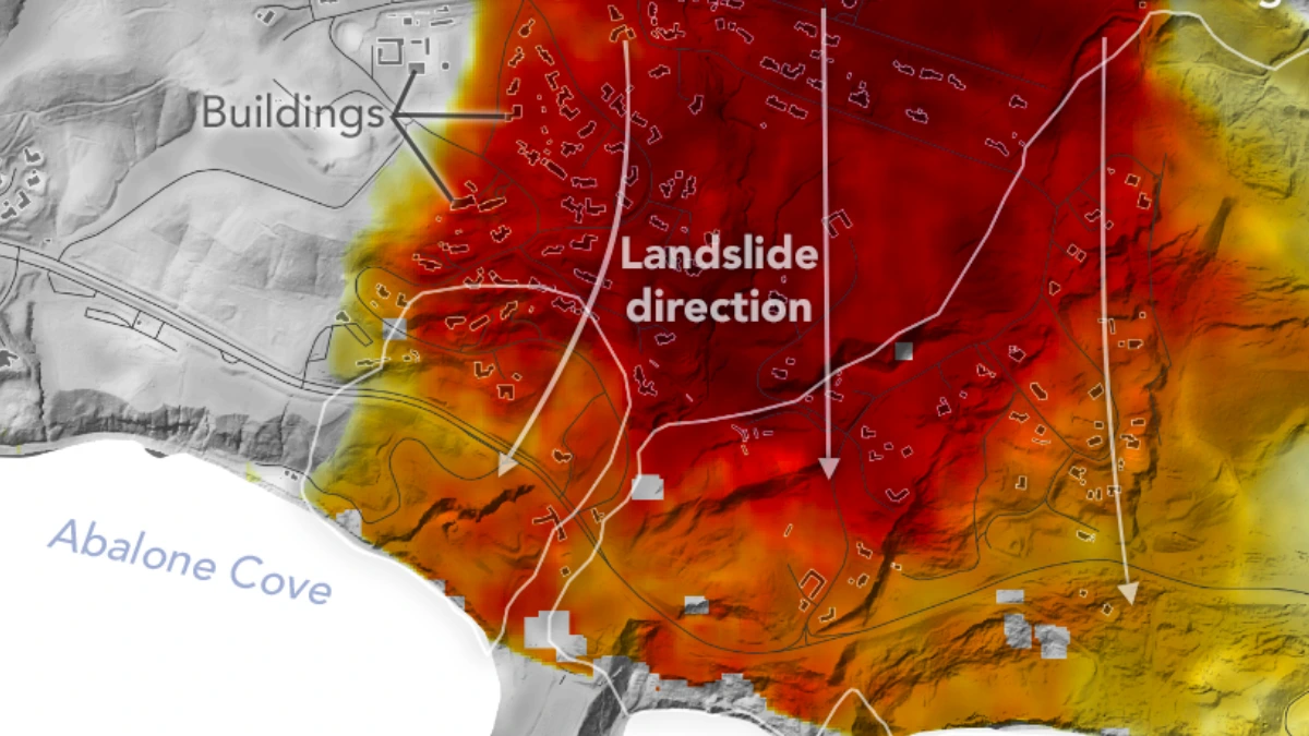 NASA’s UAVSAR airborne radar instrument captured data in fall 2024 showing the motion of landslides on the Palos Verdes Peninsula following record-breaking rainfall in Southern California in 2023 and another heavy-precipitation winter in 2024. Darker red indicates faster motion.